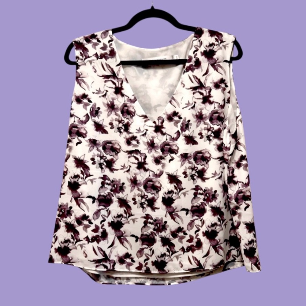NWOT Contemporaine Simons Women’s Blouse XL Sleeveless White Purple Flowers